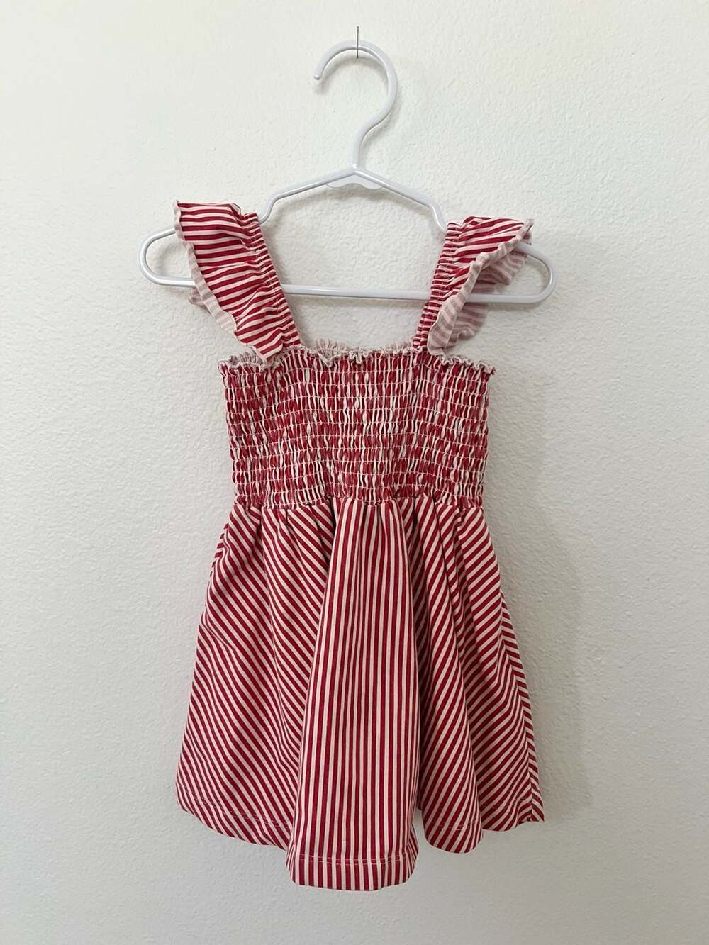 Monica + Andy Toddler Girls Red and White Striped Smocked Ruffle Dress